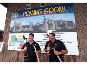 Brad Hearn and Terry Jones are all smiles on June 9, 2017, at the  groundbreaking ceremony for The Fort Fun Centre at the site of the former Verdi Club in Amherstburg.