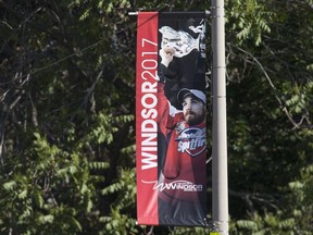 Memorial Cup victory banners hang on light posts along Ouellette Avenue in downtown Windsor on June 1, 2017.