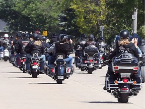 Participants in the 2017 Bob Probert Ride leave Thunder Road Harley-Davidson on Ambassador Drive in Windsor, Ontario as the start of the 7th annual ride.