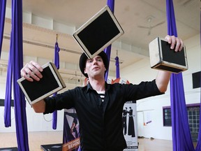 Organizers of the second annual Walkerville Buskerfest held a news conference on June 13, 2017, to promote the upcoming event. Kyle Sipkens, artistic director of the event and a busker demonstrates box juggling.