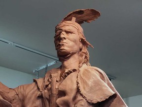 An image of a bronze statue of Chief Tecumseh, originally designed for Patterson Park in Windsor's west end. The statue - along with a depiction of General Isaac Brock - will be installed in a new roundabout at the entrance of Olde Sandwich Towne. McGregor-based sculptor Mark Williams created the work.