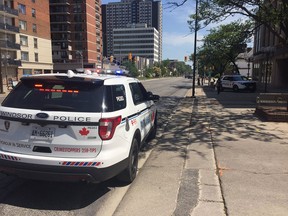 Windsor police investigate a stabbing on Ouellette Avenue on June 10, 2017.