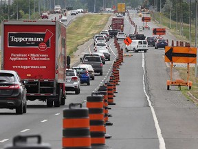 Motorists deal with lane reductions on Windsor's E. C. Row Expressway on June 15, 2017.