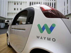 A Waymo driverless car is displayed during a Google event in San Francisco in 2016.