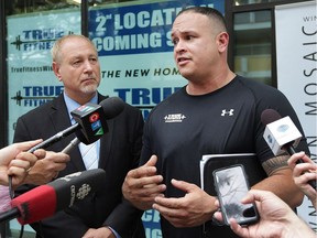 Downtown Windsor BIA chair Larry Horwitz, left, and Luis Mendez, owner of True Fitness, unveil the site of the new fitness business at 443 Ouellette Ave. on June 15, 2017.