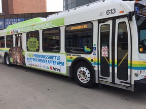 A Transit Windsor bus is seen at a news conference announcing a free fireworks night shuttle.