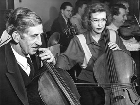Sid Baker and Celia Hardcastle are shown in the bass cello section of the Windsor Symphony Orchestra on Oct. 29, 1949.