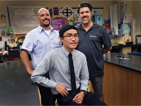 St. Joseph's high school student Anthony Pham, shown here with teachers Mike Masse, left, and Kris Barron on June 16, 2017, placed first in Windsor and Essex County and 43rd in Canada on the Sir Isaac Newton exam offered by the University of Waterloo.