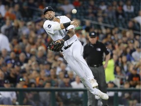 Detroit Tigers third baseman Nicholas Castellanos throws to first base on a grounder by Kansas City Royals' Jorge Bonifacio during the seventh inning of a baseball game in Detroit, Tuesday, June 27, 2017.