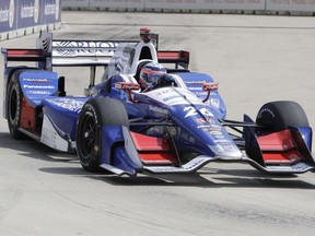 Takuma Sato, of Japan, drives during a practice session, Friday, June 2, 2017, for the IndyCar Detroit Grand Prix auto racing doubleheader on Belle Isle in Detroit.