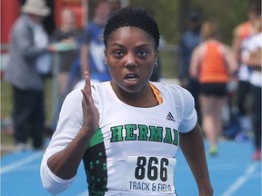 Jada Jackson of Herman competes in the senior girls 100 meter at the WECSSAA track and field championships at Sandwich Secondary School on Tuesday, May 9, 2017 in LaSalle.