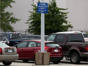 A sign restricting Ford and non-Ford vehicle parking is posted at the automaker's Windsor Engine Plant on Henry Ford Centre Drive in Windsor on June 5, 2017.
