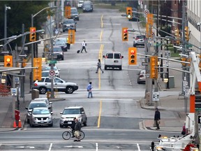 Downtown Windsor, Ontario looking west from Ouellette Avenue towards Pelissier St. and Victoria Ave. on November 2, 2016.