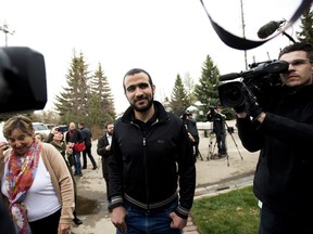 Omar Khadr speaks to the media in Edmonton after being granted bail on May 7, 2015.