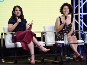 Abbi Jacobson, left, and Ilana Glazer, the co-creators, co-writers and co-stars of the Comedy Central show &ampquot;Broad City,&ampquot; take part in a panel discussion on the show during the 2017 Television Critics Association Summer Press Tour at the Beverly Hilton on Tuesday, July 25, 2017, in Beverly Hills, Calif. (Photo by Chris Pizzello/Invision/AP)