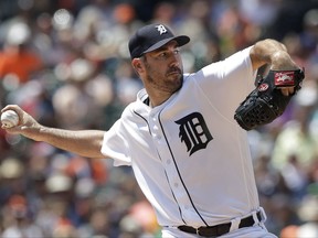 Detroit Tigers starting pitcher Justin Verlander throws during the first inning of a baseball game against the Houston Astros, Sunday, July 30, 2017, in Detroit.