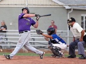 Tecumseh Thunder outfielder Kiefer Quick, seen in action earlier this season, is hoping to help the club to a third-straight Baseball Canada senior championship. (NICK BRANCACCIO/Windsor Star)