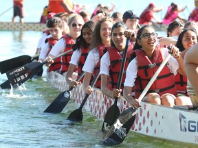 Participants are seen during the Windsor Essex Dragon Boat Festival for the Cure held at Windsor's Sandpoint Beach, July 9, 2017.