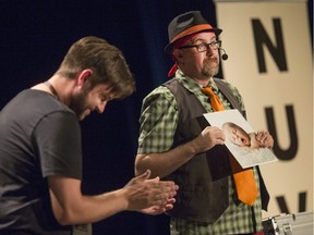 Kyle Kimmerly, left, a volunteer from the audience, helps out magician and variety artist, Bill Nuvo, perform at the Windsor-Walkerville Fringe Festival at the Olde Walkerville Theatre, Wednesday, July 26, 2017.  The festival continues until Sunday with various performances scheduled daily.