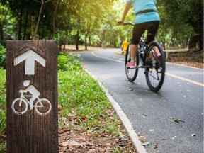 Bicycle sign. Bicycle lane in public park. Photo by Getty Images.