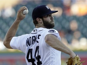Detroit Tigers starting pitcher Daniel Norris throws during the first inning of the team's baseball game against the San Francisco Giants, July 5, 2017, in Detroit.