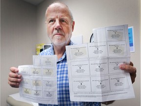 Dr. Tony Hammer displays legitimate fentanyl patches, left, and what he says are bogus patches on the right. Patients turned the used patches into a local drug store.