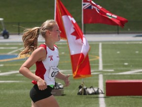 Lily Francis runs in the 800-metre final of the midget girls' pentathlon during the 2017 Royal Canadian Legion Ontario Youth Track and Field Championships held at the University of Windsor on Saturday.