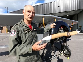 Pilot Allan Snowie shows off his replica Nieuport 11, a French-designed plane that for a time in 1916 allowed the allies to dominate in the air over the WW1 trenches. He brought his aircraft to London, July 14, 2017.
