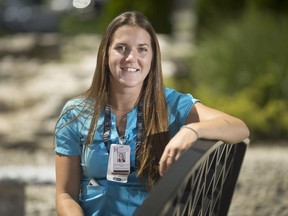 Katie Tonkin, 26, a registered practical nurse at Hotel-Dieu Grace Healthcare on Saturday July 29, 2017, knitted a fidget quilt with her mother for a patient with dementia.