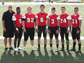 Coach Glen Mills with six Essex Ravens players set to compete with Team Ontario in Football Canada Cup: (from left): Jethro Oleko, Christian Fecteau, Matt Williams, Justin Pope, Tylar Johnston and James Hanlon.