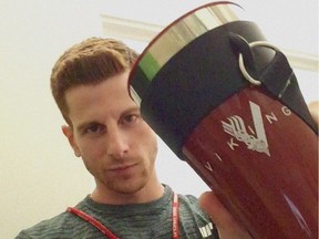 Windsor native Corey Mayne with a Vikings show drinking horn.