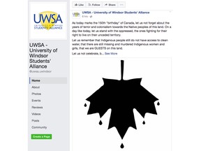 A University of Windsor Students' Alliance post on its Facebook page July 1, 2017, triggered strong reaction on social media. The UWSA post, captured in this screen shot, suggested Canadians not celebrate Canada Day, but instead "reflect on 150 years of hostility, cruelty and empty promises toward Indigenous peoples."