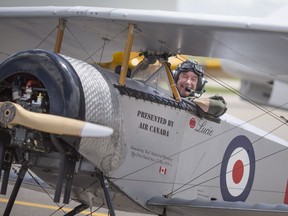 Pilot Larry Ricker prepares for a flypast on July 22, 2017, in his Nieuport 11, a WW1 fighter aircraft replica visiting Windsor Airport over the weekend as part of the Vimy Flight: Birth of a Nation cross-country tour.