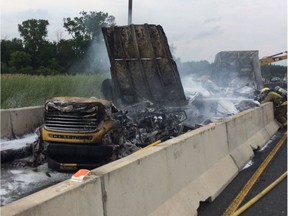Ontario Provincial Police closed a section of Highway 401 in Chatham-Kent following a fiery crash involving a transport truck on July 13, 2017.