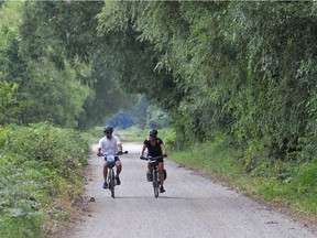 Part of a group of 156 cyclists, Rob and Sybille Hamilton of Midland, Ontario, pedal side-by-side down the Erieau Marsh Trail, August 7, 2017, on the first leg of the 530-km Great Waterfront Trail Adventure.