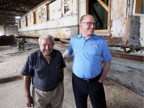 Mayor Drew Dilkens and businessman George Sofos are seen here on Aug. 10 2017 with No. 351 Streetcar, which once rolled on the streets of Windsor. They are putting together a proposal to restore the historic streetcar.