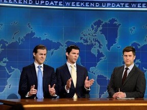 This August 10, 2017, photo provided by NBC shows Alex Moffat as Eric Trump, left, Mikey Day as Donald Trump Jr., center, and Colin Jost on set during the debut episode of &ampquot;Weekend Update: Summer Edition,&ampquot; in New York.NBC&#039;s summer run of &ampquot;Weekend Update&ampquot; segments from &ampquot;Saturday Night Live&ampquot; and ABC&#039;s two-part special on Princess Diana were modest successes for their television networks last week. The Nielsen company said nearly 4.9 million watched &ampquot;SNL&#039;s&ampquot; Michael Che and Colin Jost deliver topica