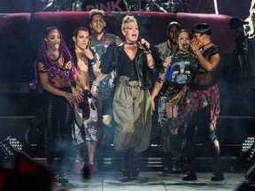 FILE - In this July 8, 2017 file photo, Pink performs during the Festival d&#039;ete de Quebec in Quebec City, Canada. Pink will receive the Michael Jackson Video Vanguard Award at the MTV Video Music Awards on Sunday. (Photo by Amy Harris/Invision/AP, File)