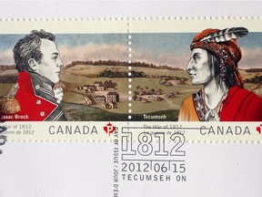A stamp showing Shawnee Chief Tecumseh and Major-General Sir Isaac Brock which was unveiled in 2012.