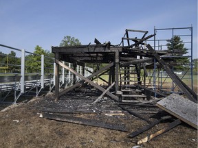The charred remains of the AKO press box are pictured, Sunday, August 20, 2017.