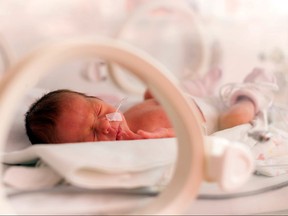 A newborn sleeps in a issolette, commonly referred to as a baby incubator.