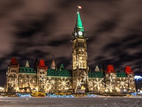 Parliament Hill in Ottawa is illuminated for the Christmas season in this undated photo.
