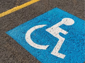 Disabled, handicap blue parking sign painted on asphalt.