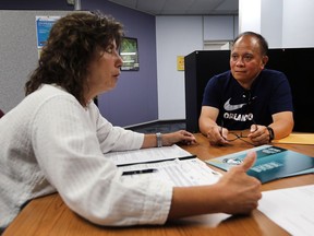 Juan Consulta, a client at the Employment Assessment Centre in Windsor, right, works with  employment councillor Linda Meluso on Aug. 16, 2017. The organization is expanding its services into the county.
