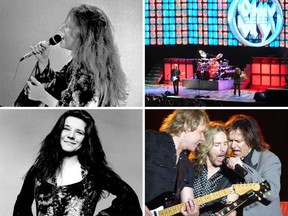 Images of rock singer Janis Joplin, circa 1969 and 1970 (left), and images of the rock band Styx in 2009 (right).