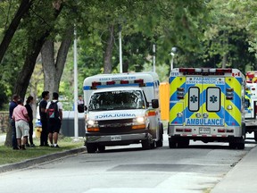 Windsor-Essex EMS ambulances and Windsor firefighters respond to a report of injuries in a lab a the University of Windsor on Wednesday, August 16, 2017 in Windsor, Ontario.