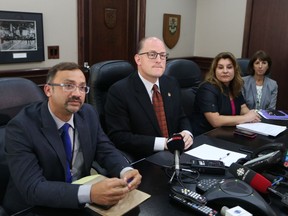 Windsor is tackling opioid crisis, leaders insist. From left: Windsor-Essex County Health Unit acting-medical officer of health Dr. Wajid Ahmed;  Mayor Drew Dilkens; social services commissioner Jelena Payne; and WECHU acting-CEO Theresa Marentette during Aug. 4, 2017, news conference announcing local strategy to deal with opioid abuse.