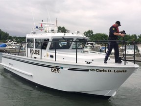 The Ontario Provincial Police will be patrolling the waters this long weekend. Here, the OPP marine unit was introducing its newest vessel at Leamington Marina on June 23, 2016.