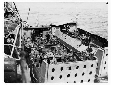 DIEPPE 1942 Soldiers board a troop carrier at Dieppe.