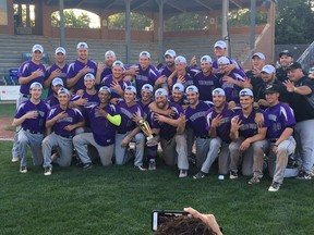 Tecumseh Thunder players flash four fingers after the club won its fourth-straight Ontario Senior Elimination Baseball Tournament title on Monday in London.
Photo courtesy of Tecumseh Thunder